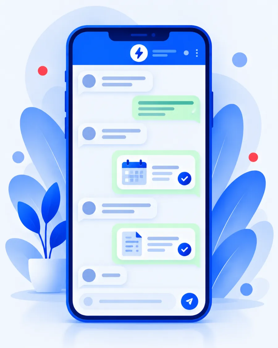 Illustration of a WhatsApp assistant chat on a phone: customer questions on the left, automated replies on the right including an appointment confirmation and a shared document.